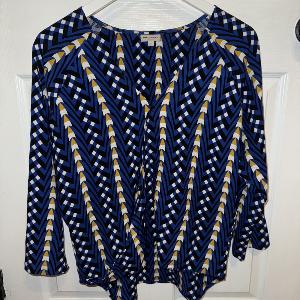 THE ODELLS‎ Women's Blue Yellow Geometric Faux Wrap Blouse Small Slouch Top S